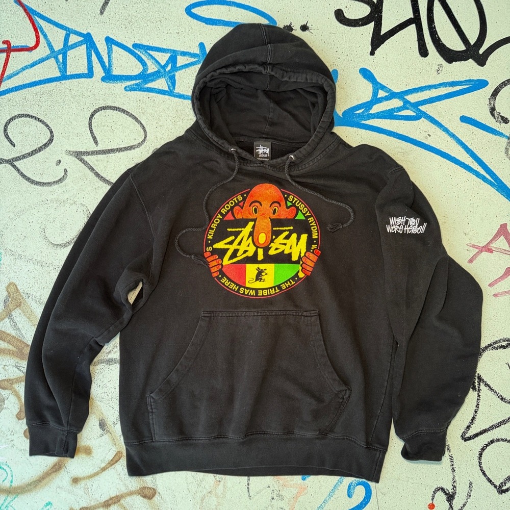 Stussy Eric Elms Hoodie Mens Medium Black Kilroy Roots Rydim Rasta Pullover USA
